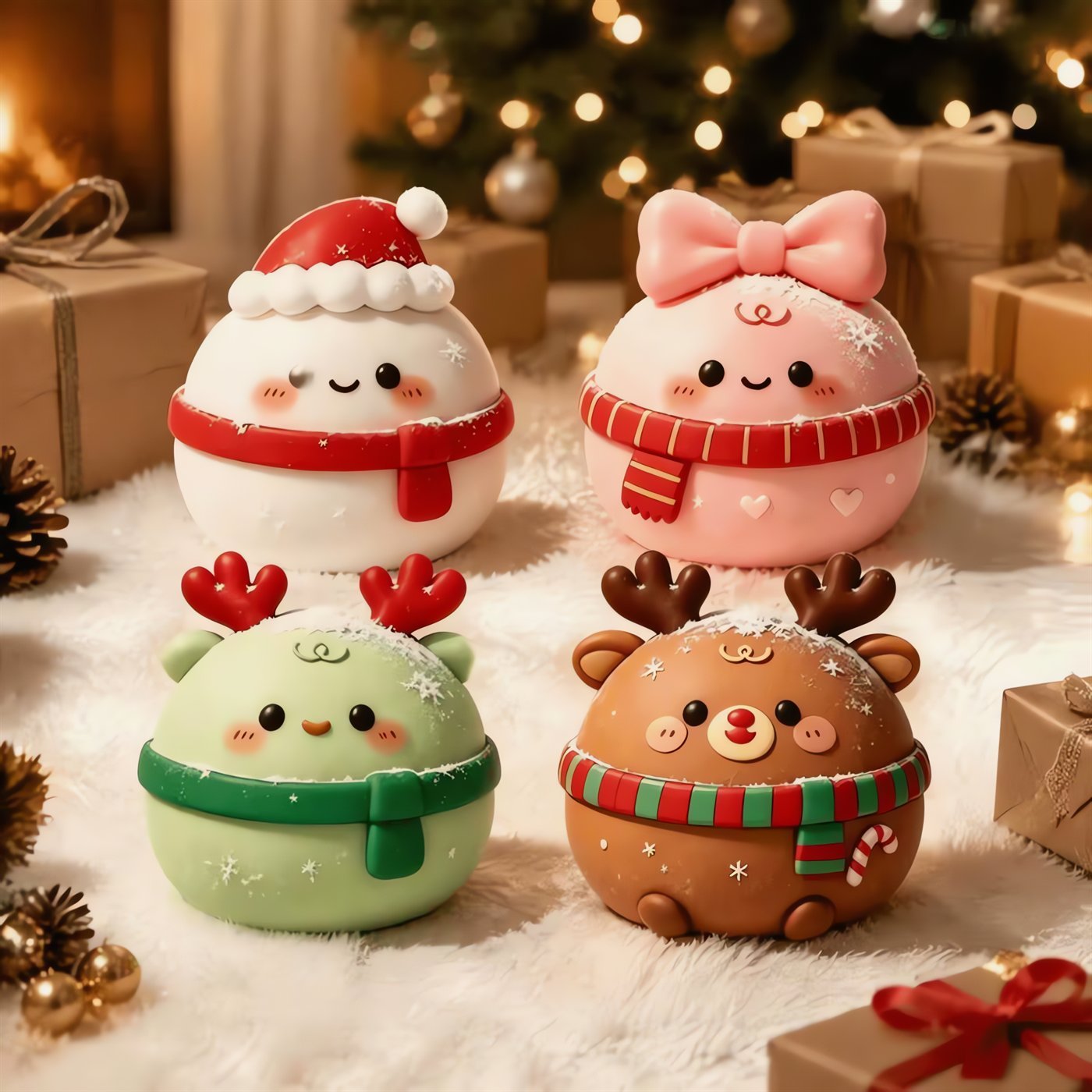 Four Christmas Mochi Squishies — Santa, Bow, Deer, and Reindeer — on a snowy table by the tree